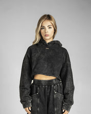 Crop Hoodie Algodon Washed Negro Desert On Fire